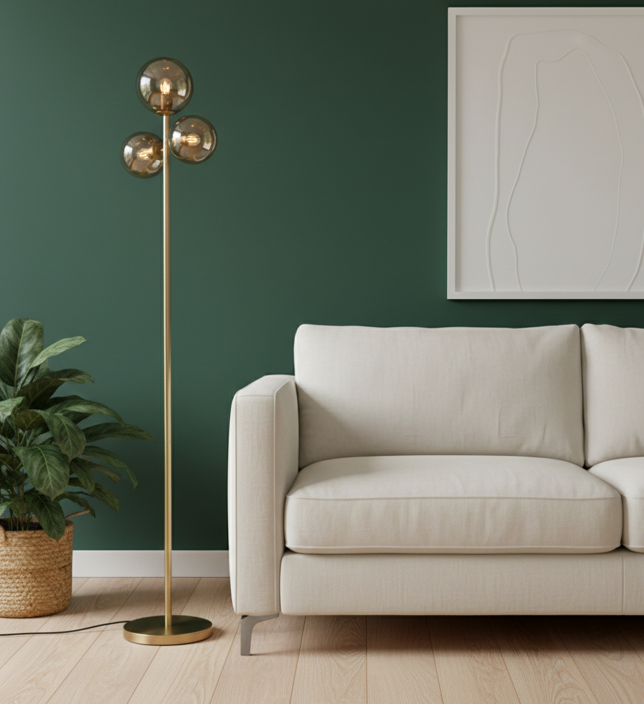 Lampadaire 3 lampes melinda en métal doré avec de verre ambré