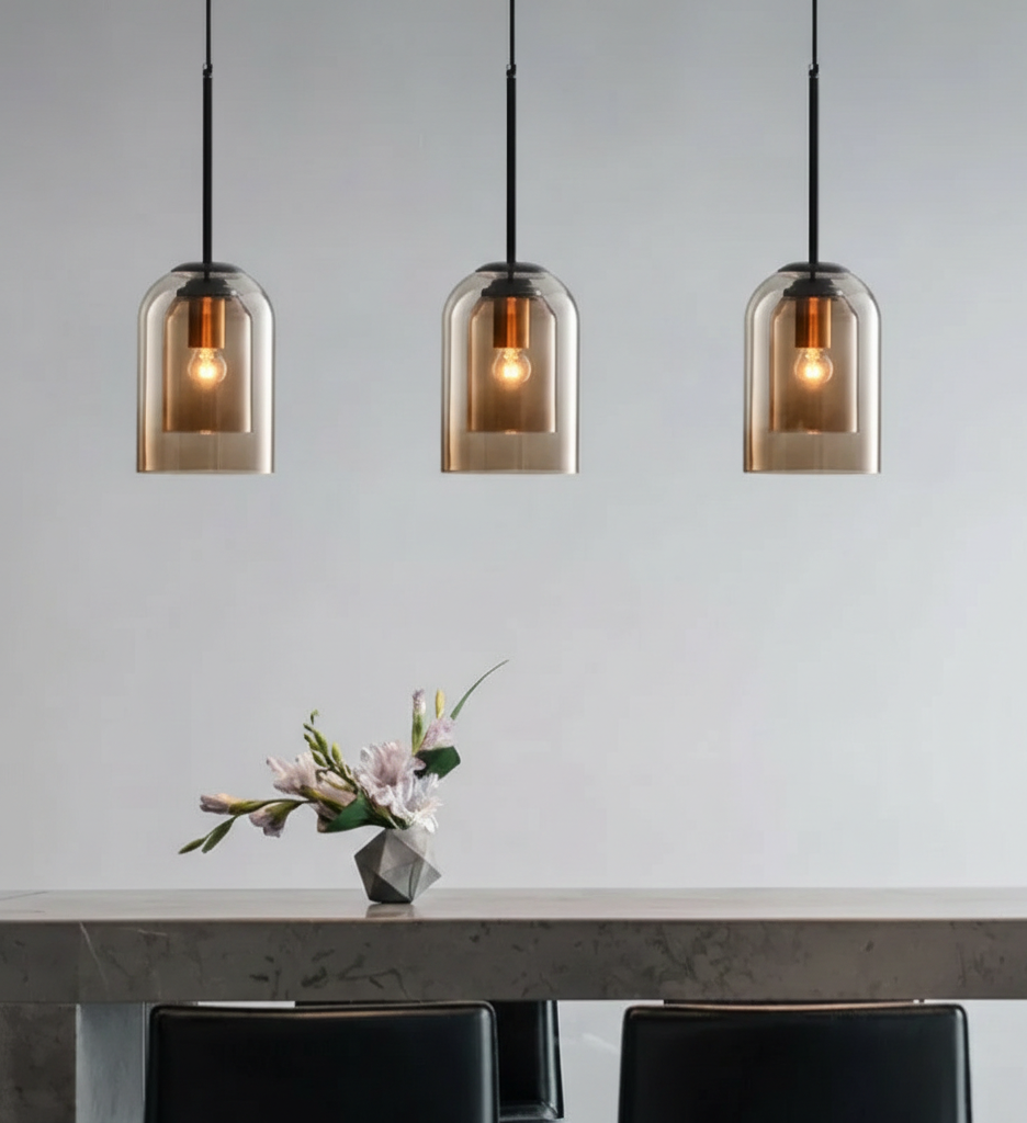 Suspension 3 lampes 15*22cm base dorée fil noir verre ambré E27 sans ampoule