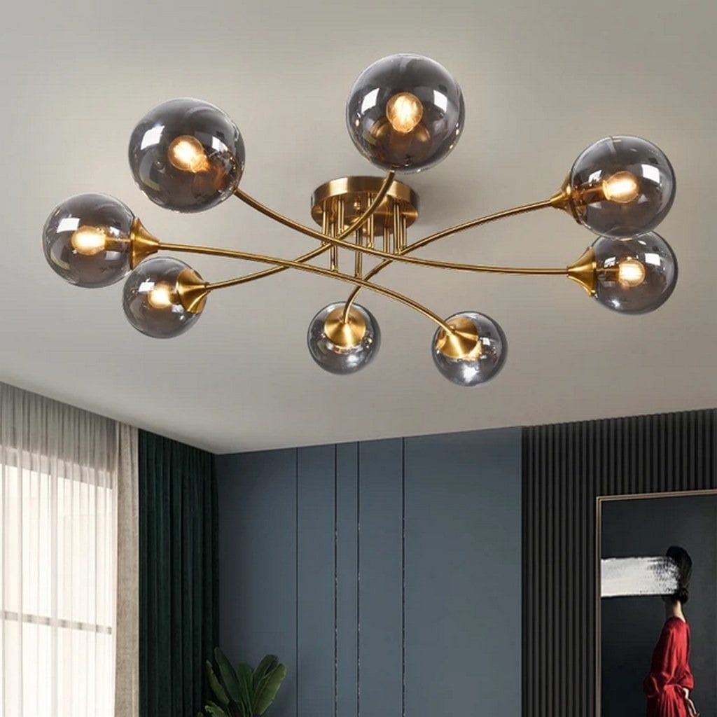 Lustre Ceiling 8 lampes en métal laiton et verre fumé