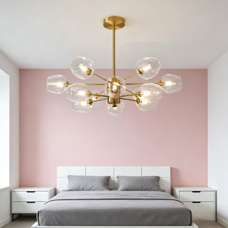 Lustre Lucciano 8 lampes en métal doré et verre transparent