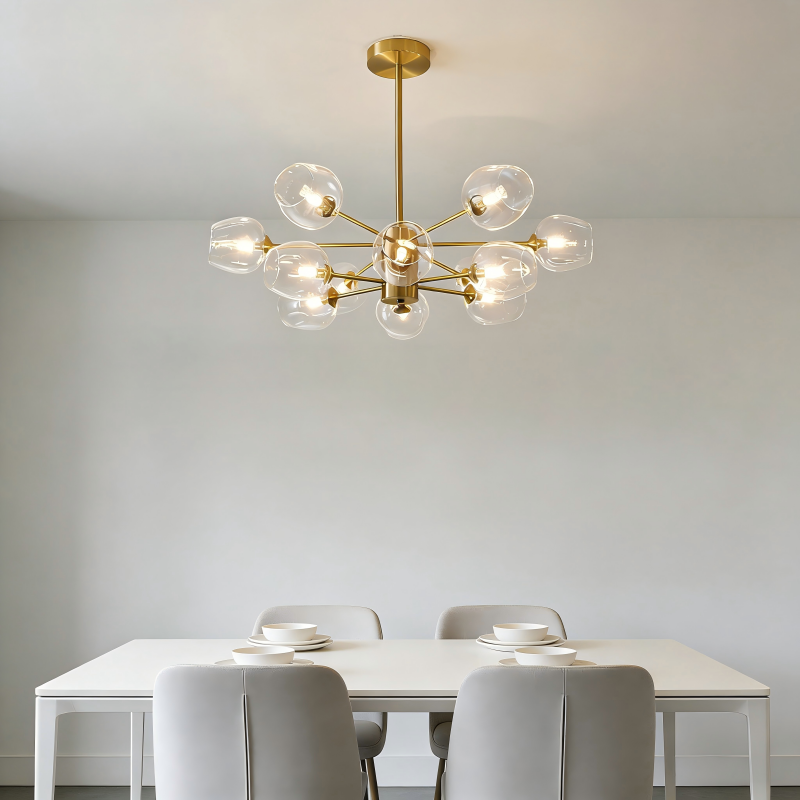 Lustre Lucciano 8 lampes en métal doré et verre transparent