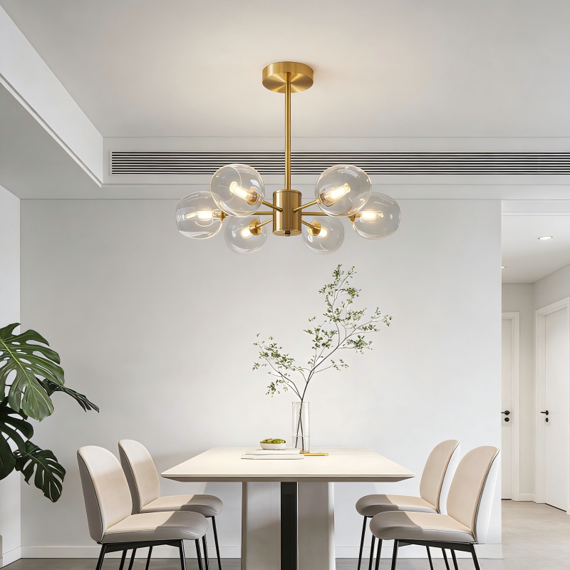 Lustre Lucciano 6 lampes en métal doré et verre transparent