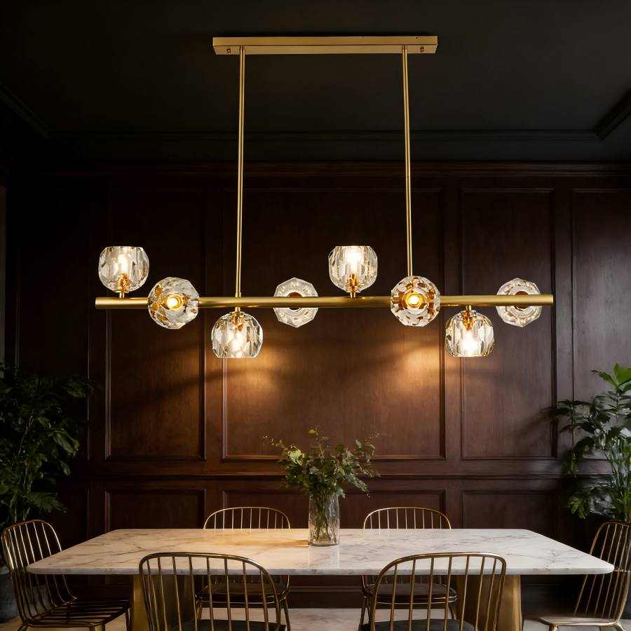 Lustre Mono 8 lampes en métal doré et verre cristal