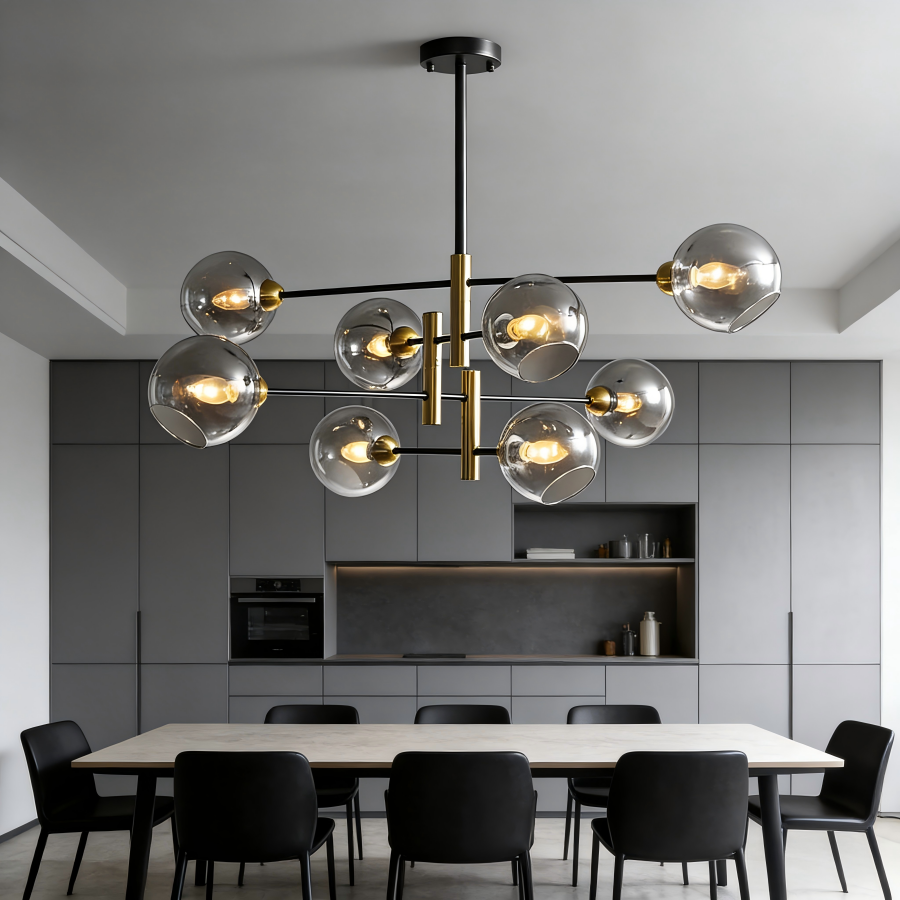 Lustre Aurum 8 lampes métal noir et verre ambré