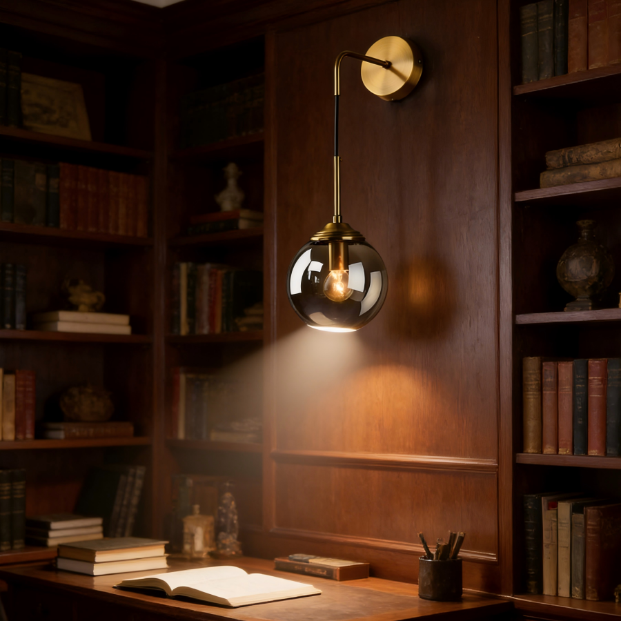 Applique vintage en métal globe doré et verre ambré