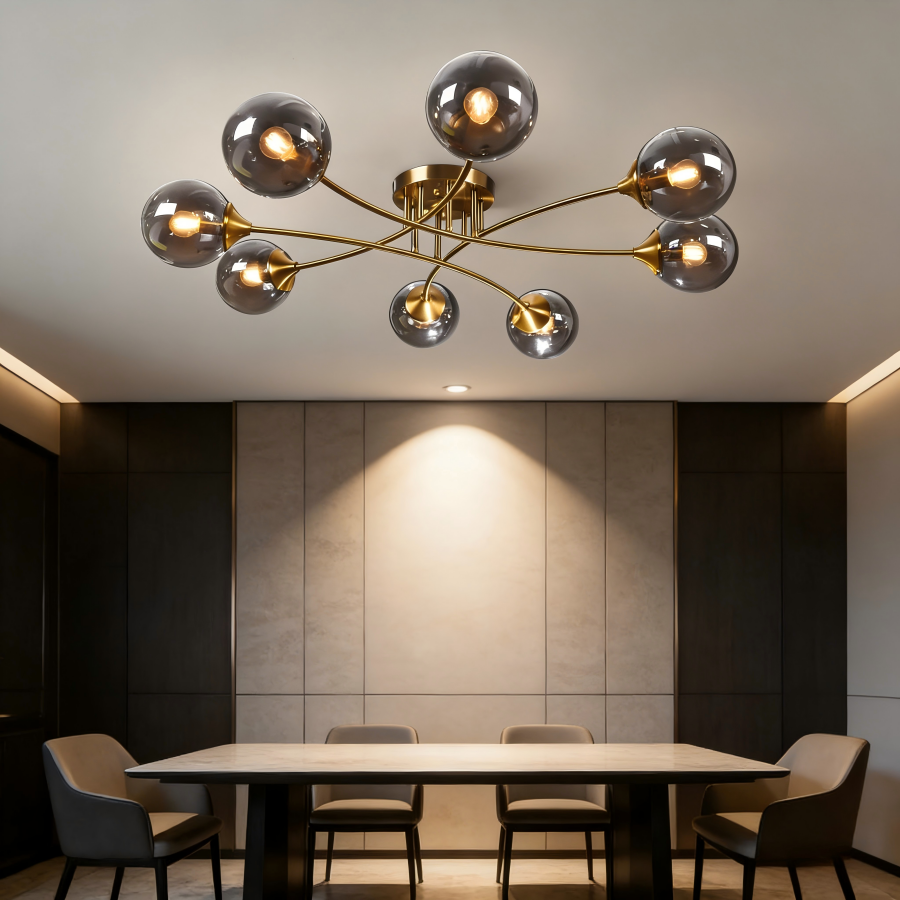 Lustre Ciara 8 lampes en métal laiton et verre fumé