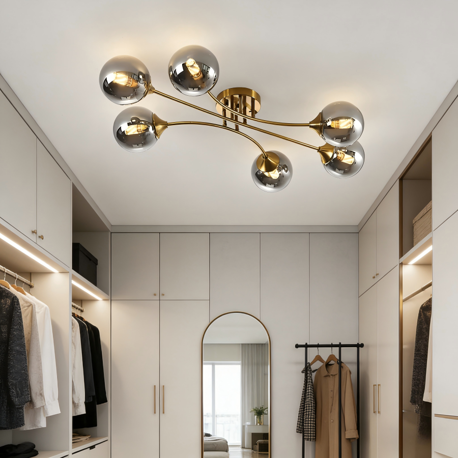 Lustre Ciara 6 lampes en métal laiton et verre fumé