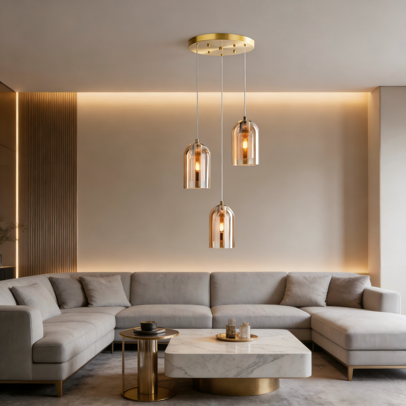 Lustre Jani 3 lampes en base rond fil dorée et double verre ambré