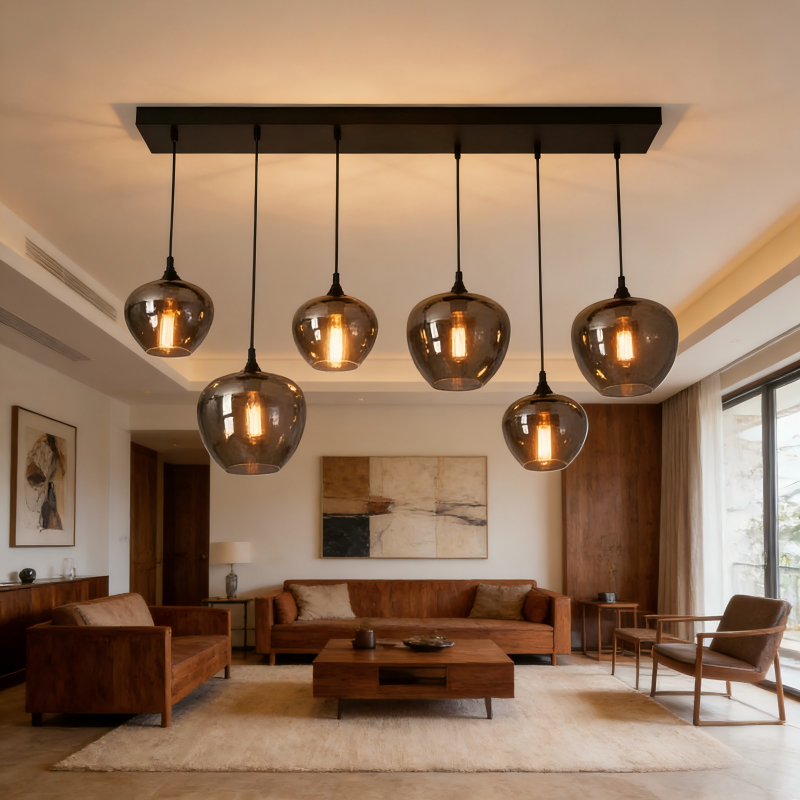 Lustre Frank 6 lampes en metal noir et verre forme de bouteille fumé