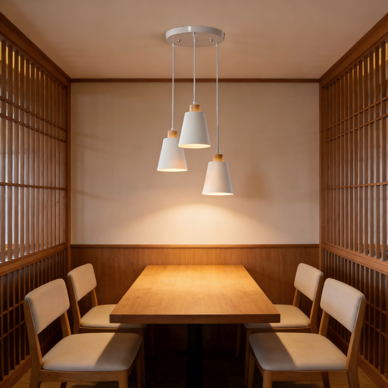 Lustre roger 3 lampes en métal blanc design bois chic