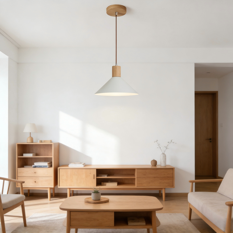 Suspension cône scandinave en métal blanc et bois marron