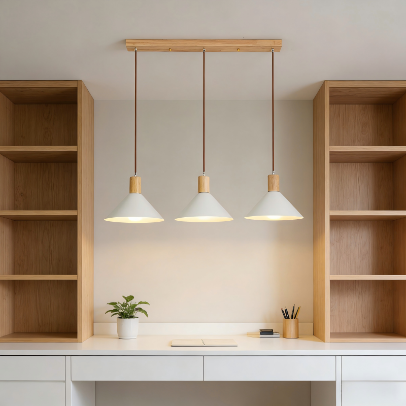 Lustre 3 lampes cône linéaires en métal blanc et bois marron