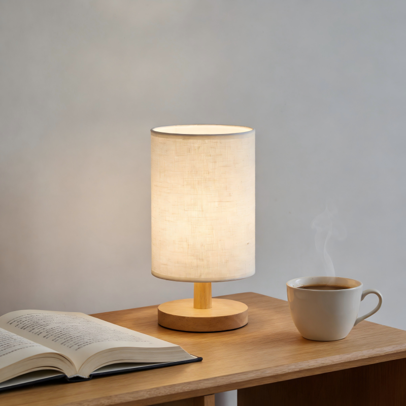 Lampe à poser cylindrique en bois avec abat-Jour en tissu de lin
