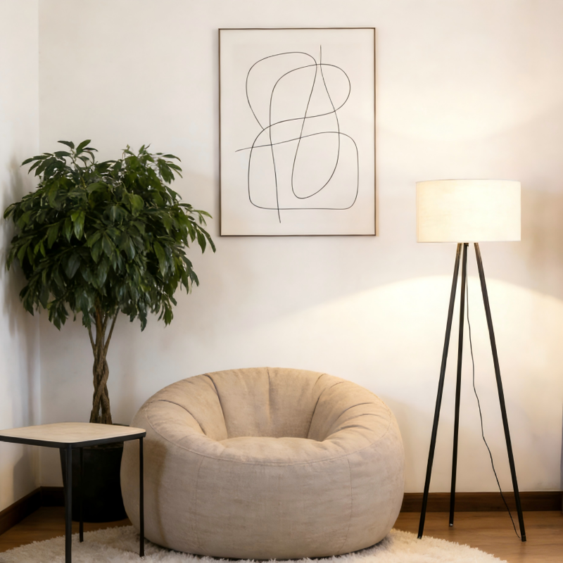 Lampadaire william moderne en métal noir et textile blanc