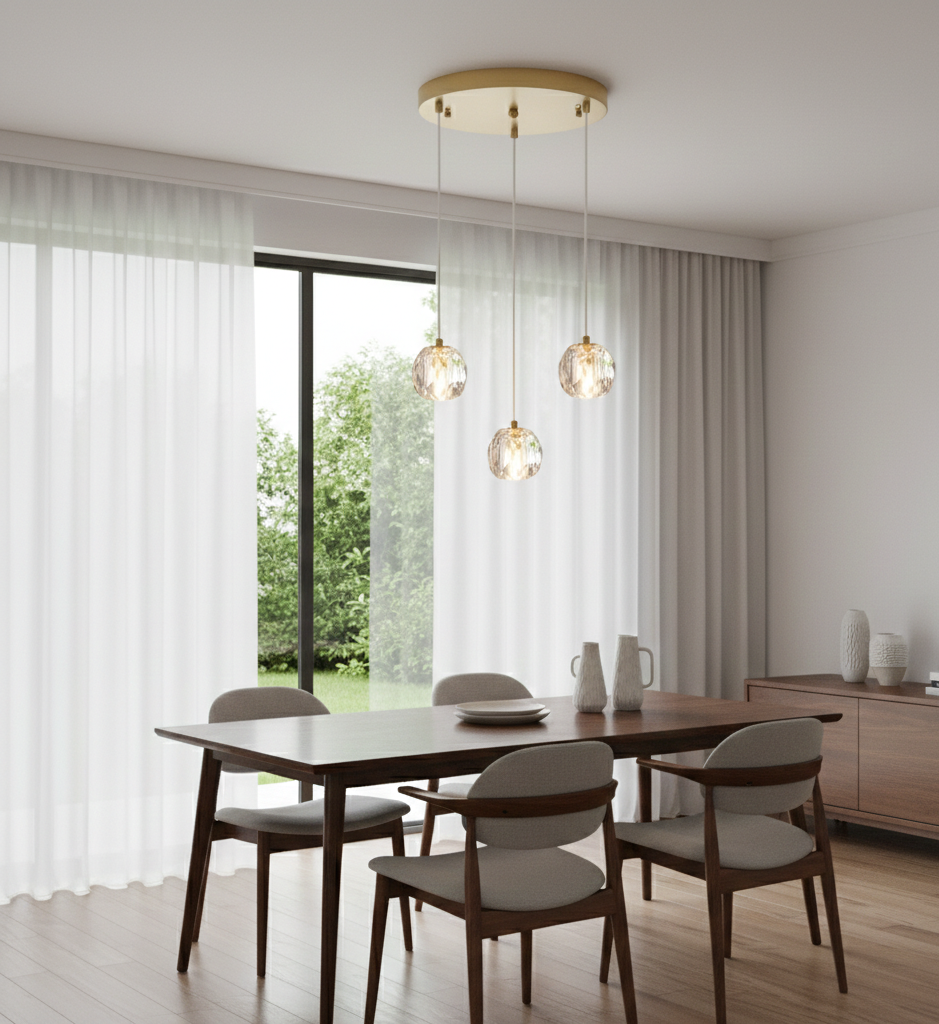 Lustre Camotuse 3 lampes base ronde dorée, câble blanc et verre cristal