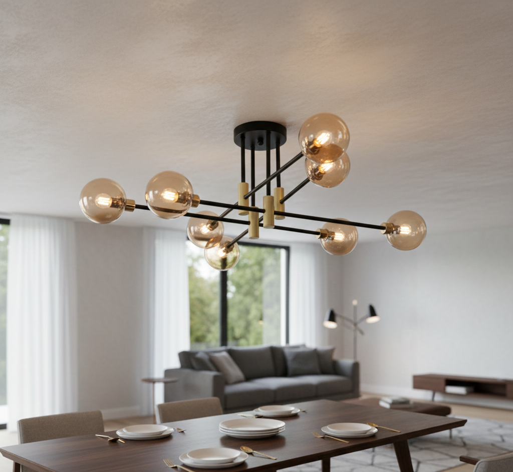 Lustre Skyline 8 lampes métal noir et verre ambré
