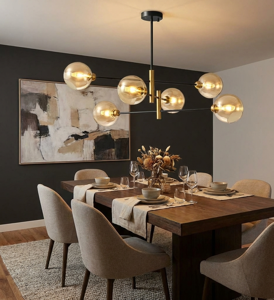 Lustre Aurum 6 lampes métal noir et verre ambré