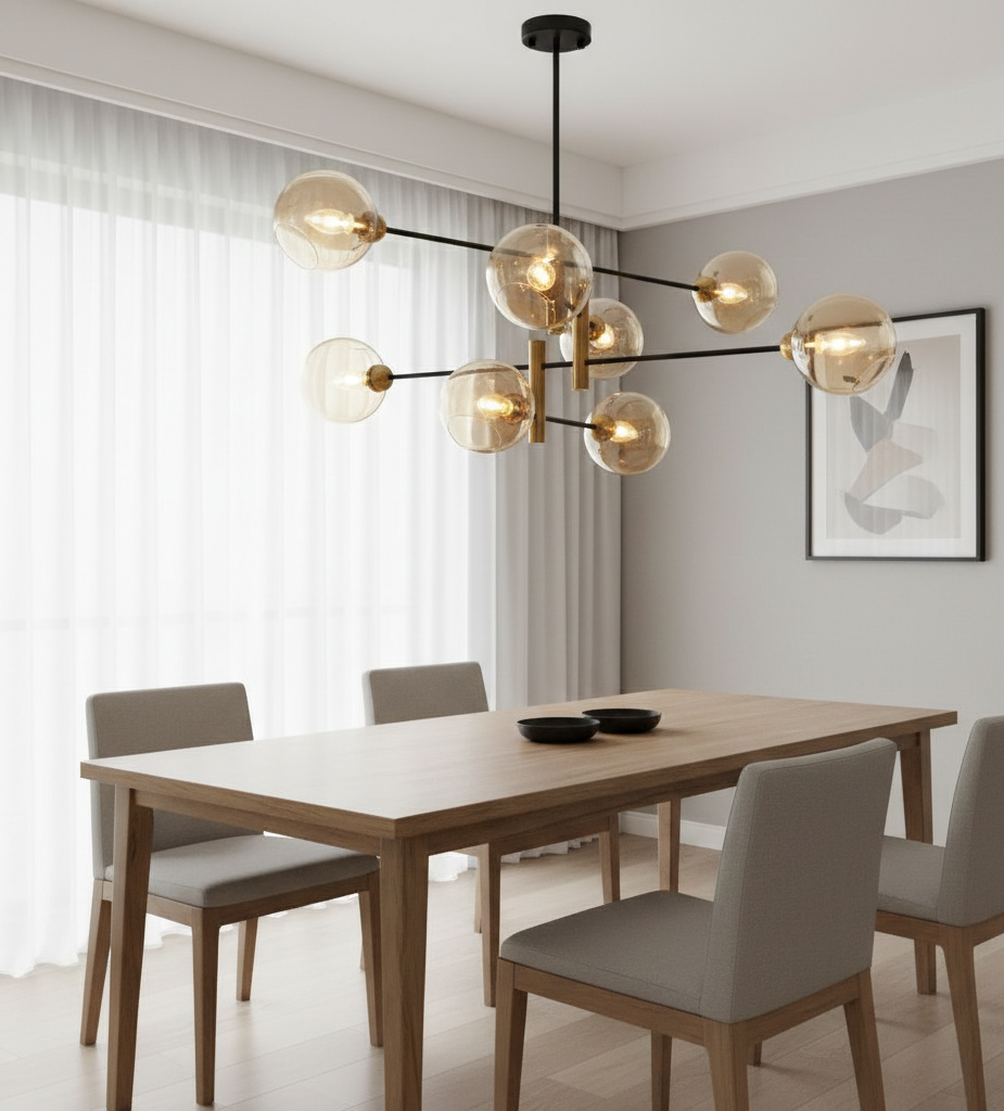 Lustre Aurum 8 lampes métal noir et verre ambré