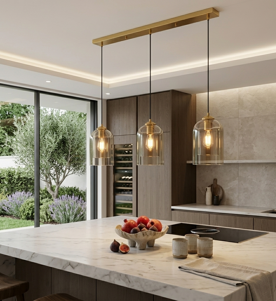 Lustre Jani 3 lampes en base dorée fil noir et double verre ambré