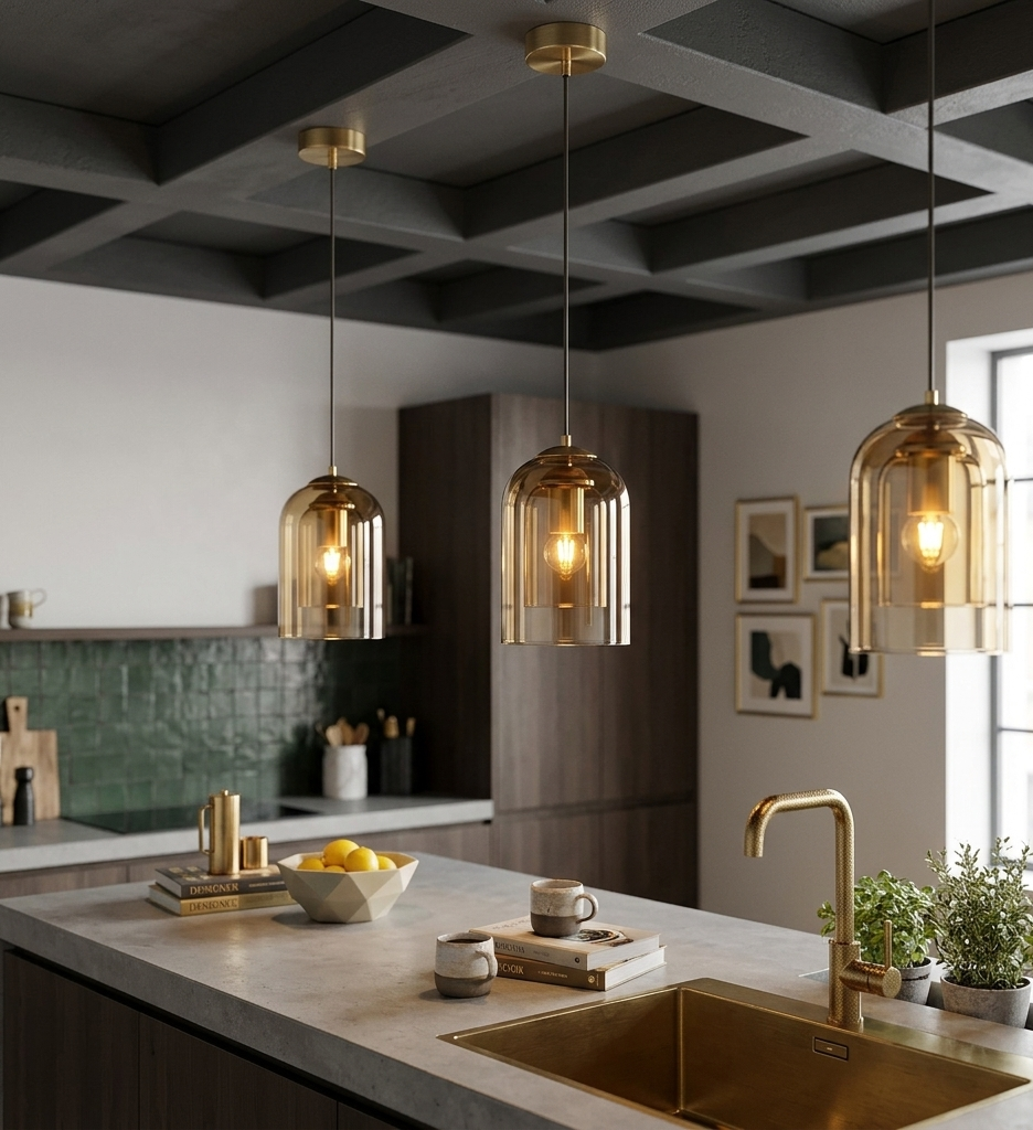 Suspension Jani en base dorée fil noir et double verre ambré