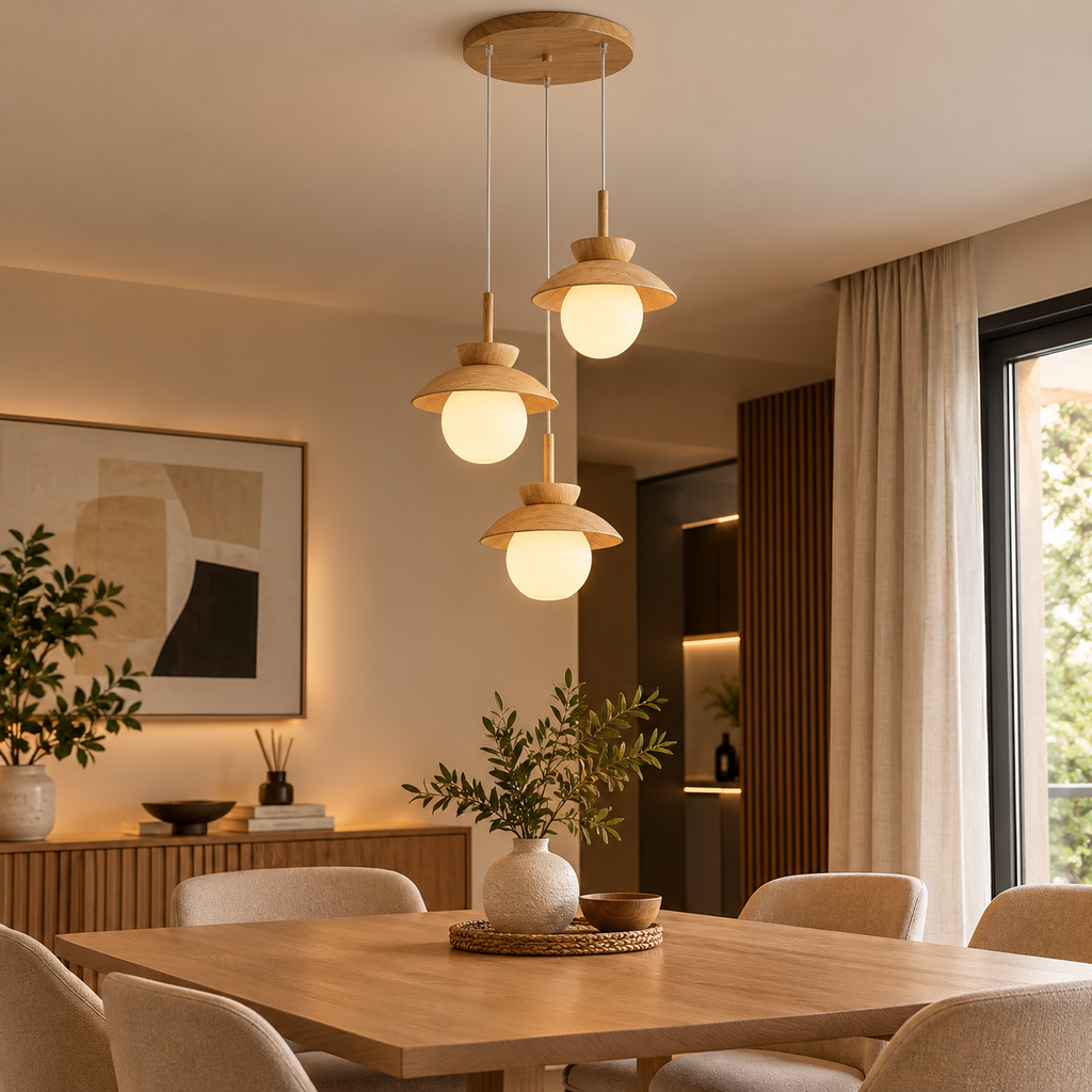 Salle à manger chaleureuse et lampe en bois.png