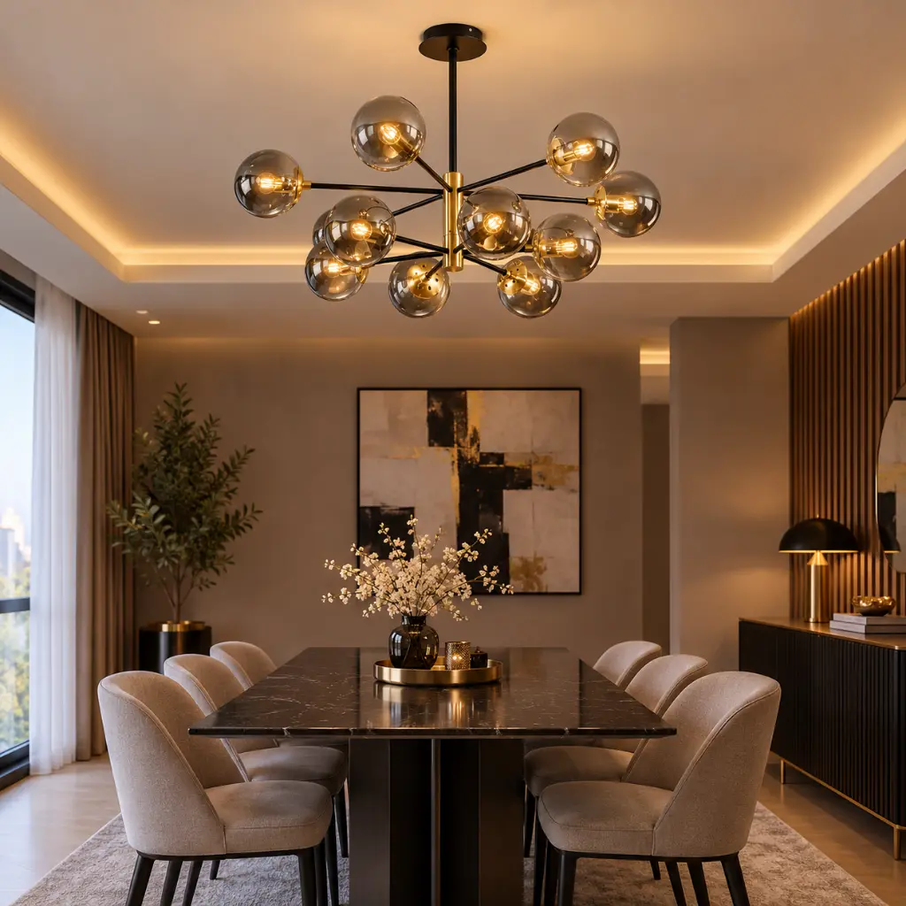 Salle à manger moderne au lustre étoilé.webp
