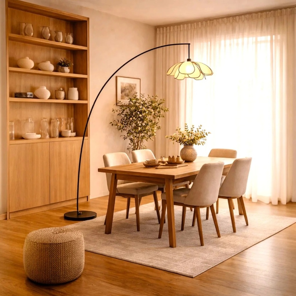 Lampadaire Arc en métal forme canne à pêche tissu fleur 130x180