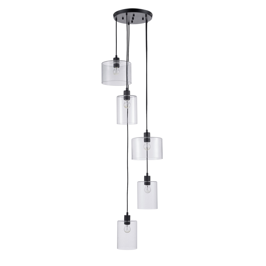 LEWIS - Lustre 5 lampes en métal noir et verre transparent