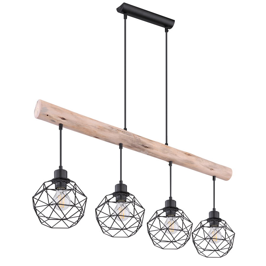THEODOR - Lustre 4 lampes en métal noir mat et bois naturel