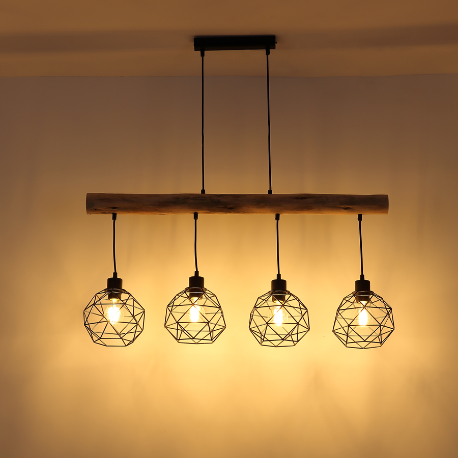 THEODOR - Lustre 4 lampes en métal noir mat et bois naturel