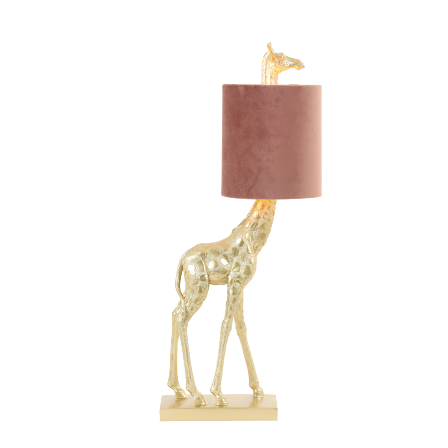 GIRAFE - Lampe à poser en plastique doré, velours vieux rose H61