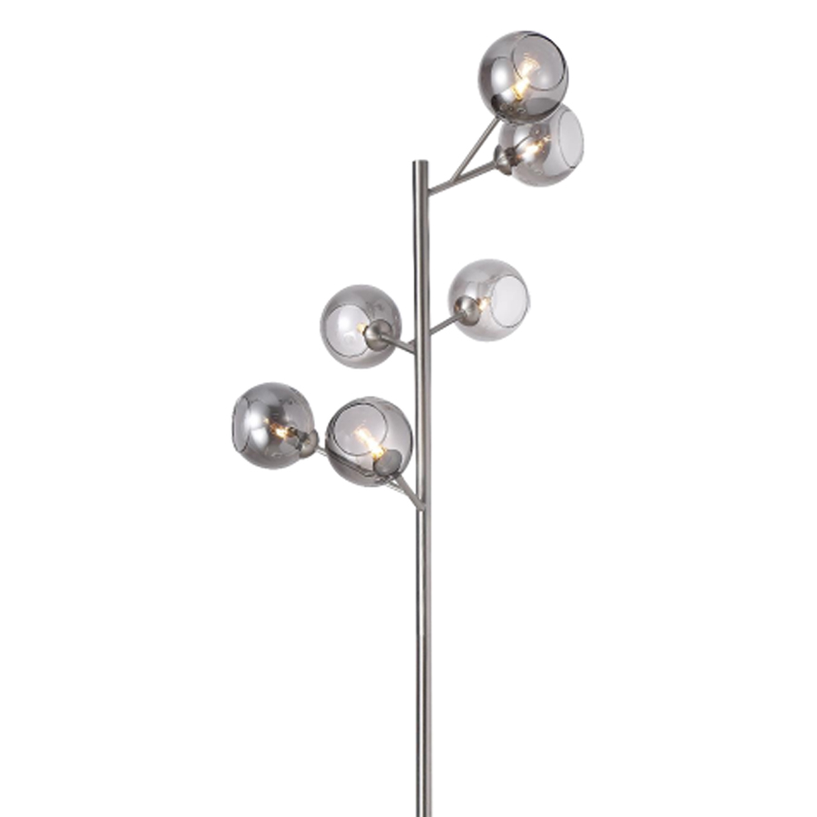 Lampadaire Smoke 6 lampes en métal nickel satiné et verre fumé, vue complète - Dakar, Sénégal.