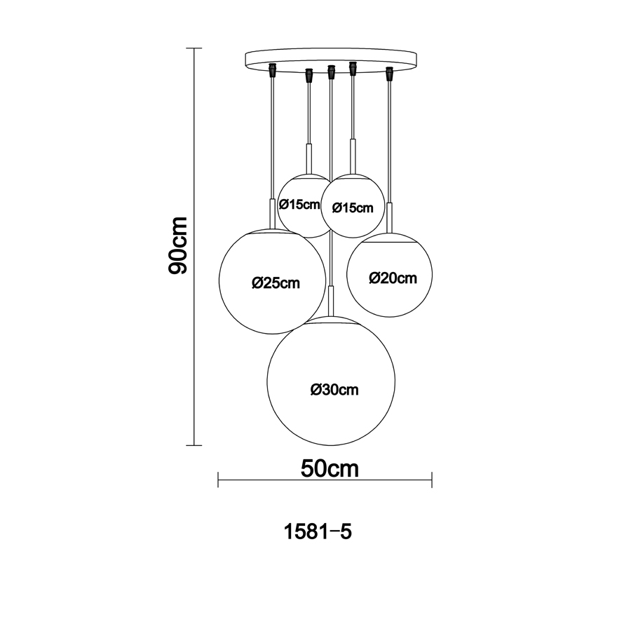 BALLA - Lustre 5 lampes en métal nickel satiné et verre opale Ø50