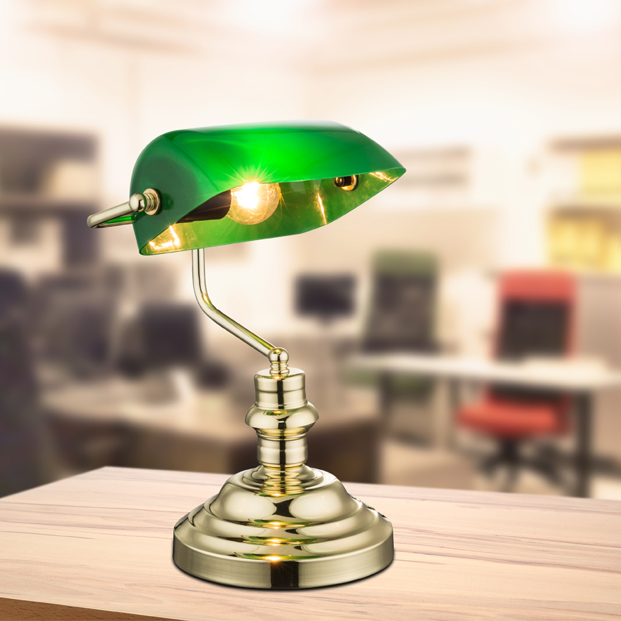 ANTIQUE - Lampe à poser en métal laiton et verre vert H36
