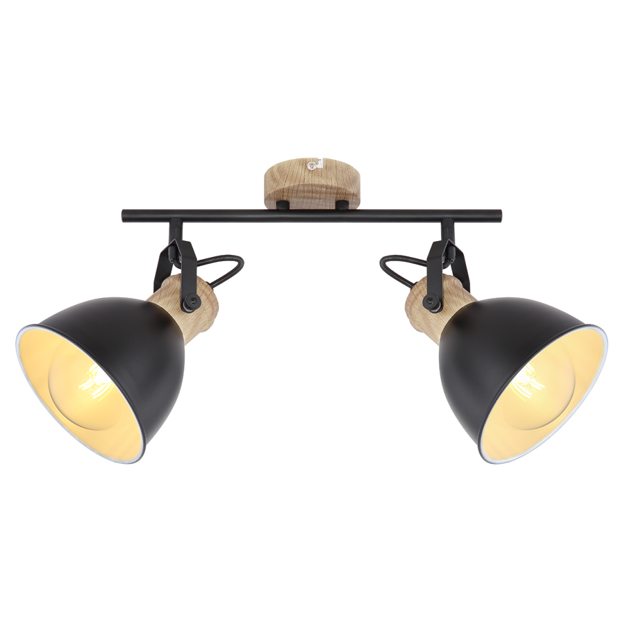 WIHO - Spot / Plafonnier 2 lampes en métal noir et aspect bois