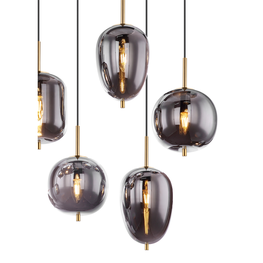 BLACKY - Lustre 8 lampes en métal laiton et verre fumé