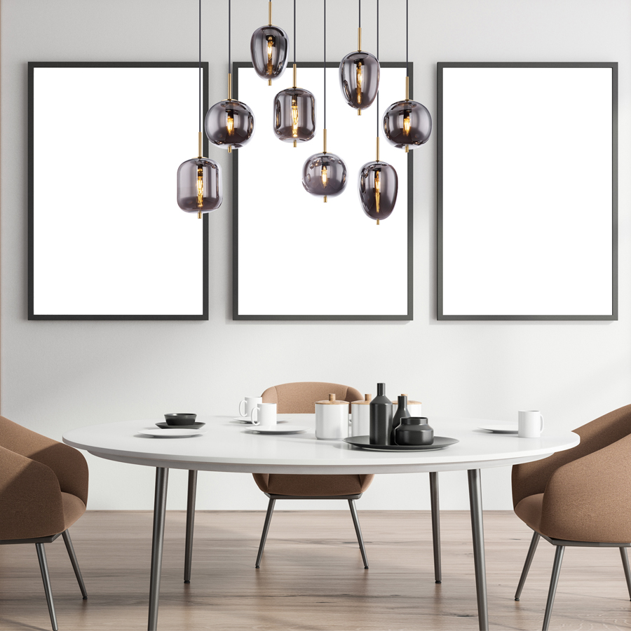 BLACKY - Lustre 8 lampes en métal laiton et verre fumé