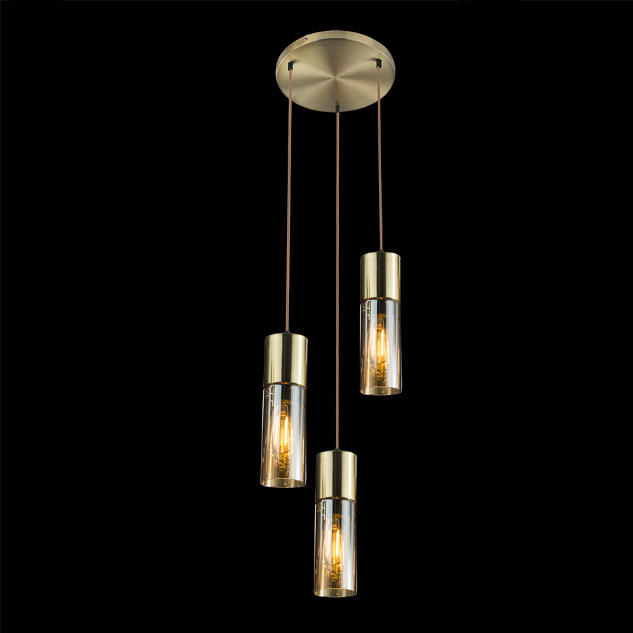 ANNIKA - Lustre 3 lampes en métal laiton et verre ambré Ø30