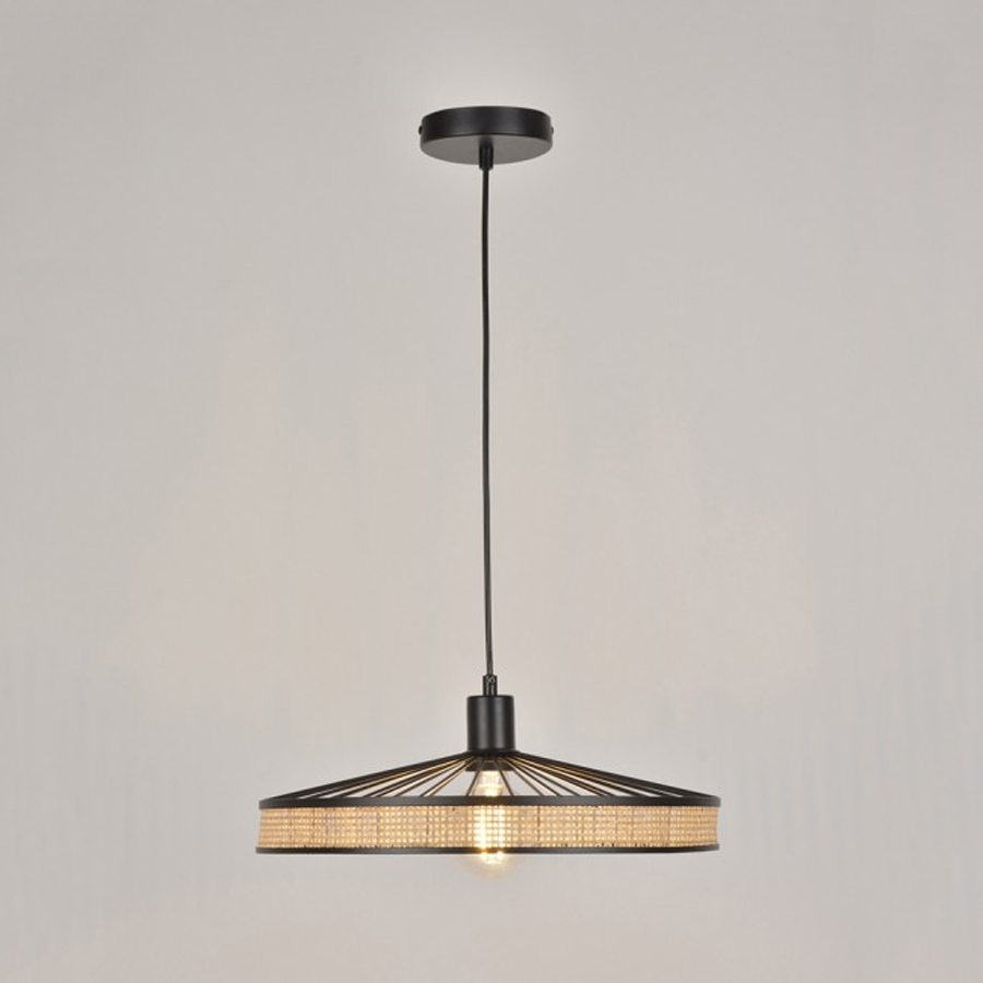 Suspension ZELIE Corep - Métal Noir Et Cannage Naturel - Hauteur 110 Cm - Ambiance Chaleureuse - Ampoule E27 - 7