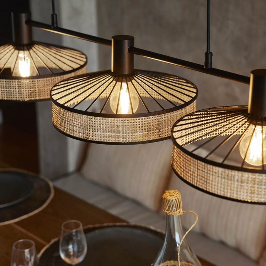 Lustre 3 lampes zelie métal noir et cannage naturel Dakar Sénégal