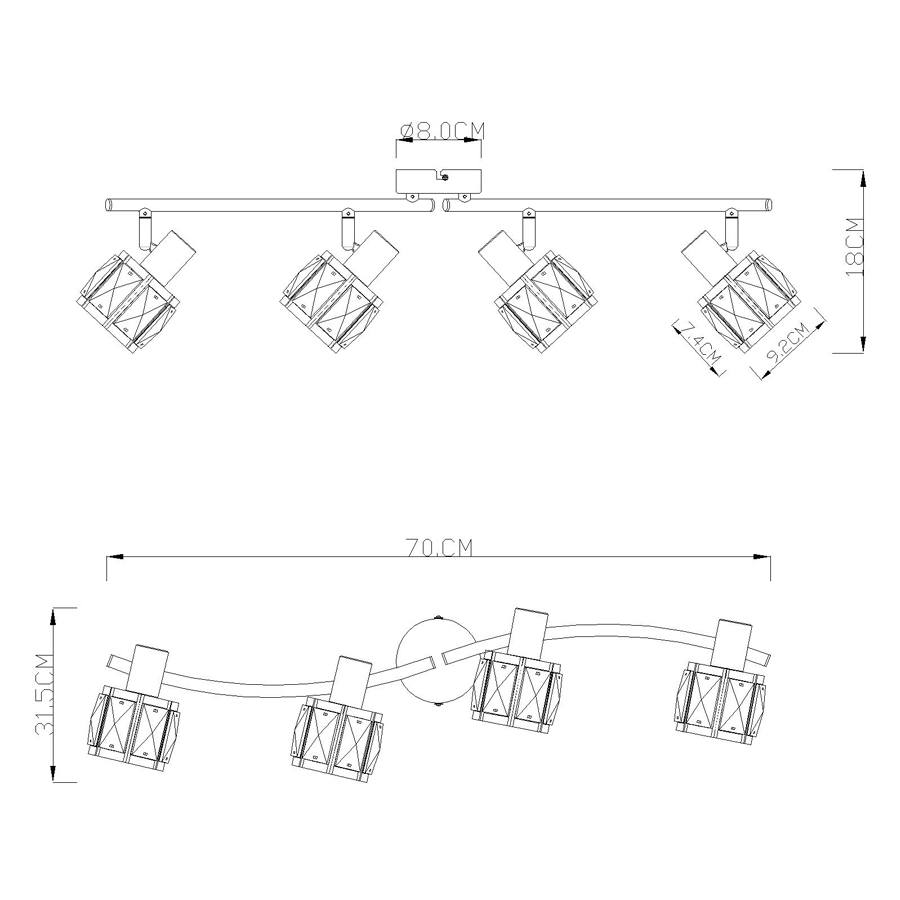 Dimensions détaillées du spot/plafonnier Kris 4 lampes en métal nickel mat et chrome – Dakar, Sénégal.