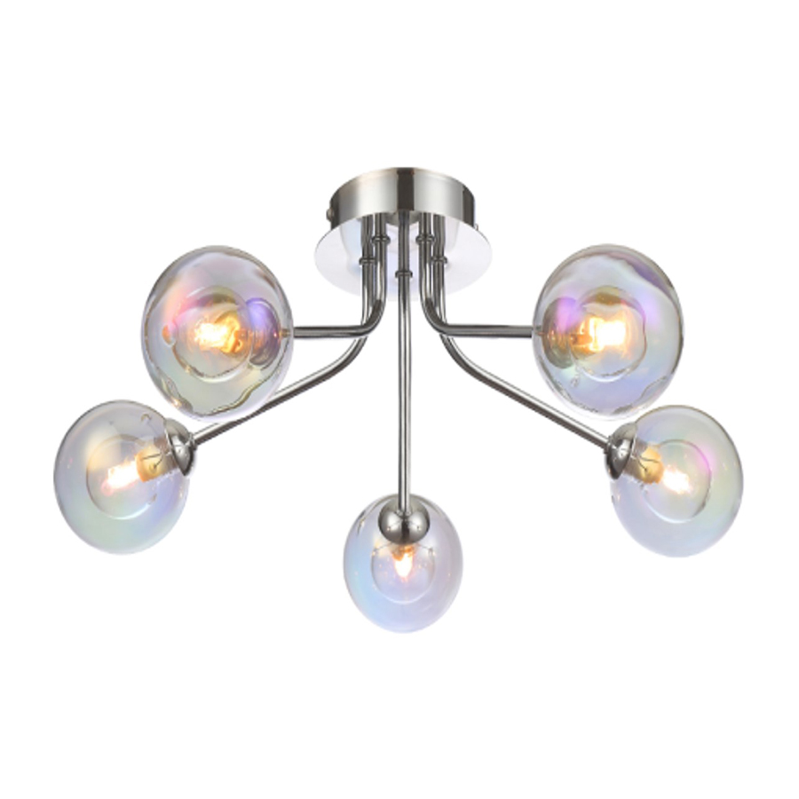 Lustre /plafonnier 5 lampes en métal nickel satiné et verre transparent
