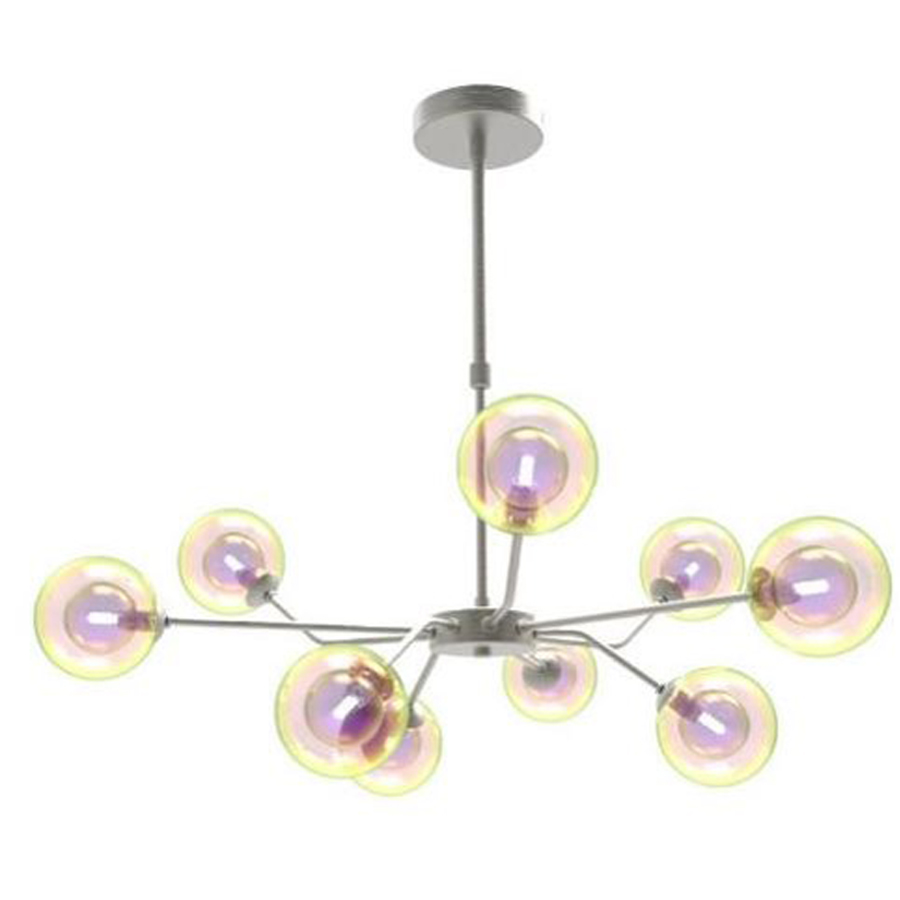 Lustre 9 lampes open en métal nickel satiné et verre transparent