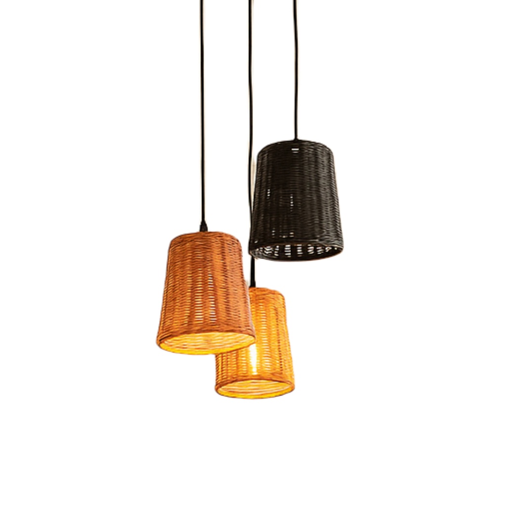 Lustre 3 lampes en bambou et métal noir
