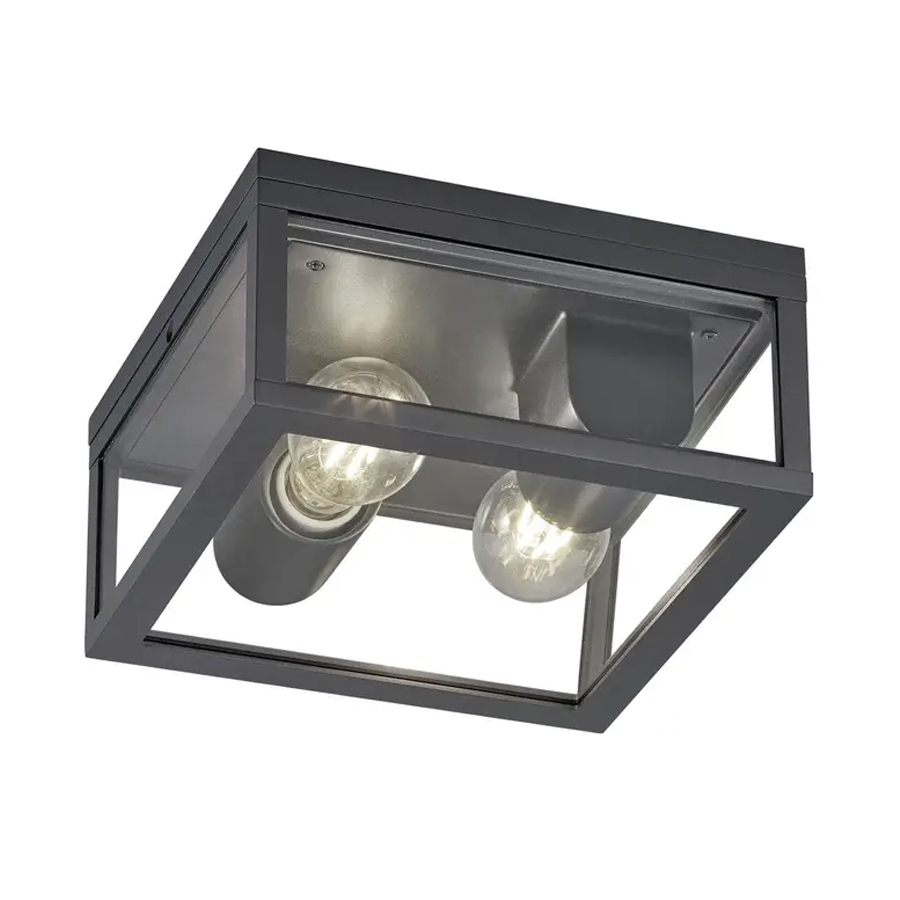 Plafonnier 2 lampes Garonne en fonte d'aluminium anthracite, verre transparent étanche IP44