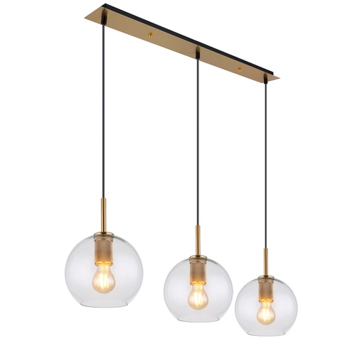 Lustre 3 lampes Adara en métal laiton et verre transparent