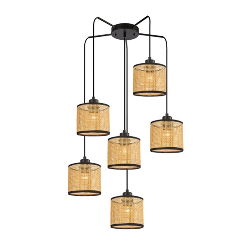 Lustre 6 lampes malmo en métal noir et rotin naturel