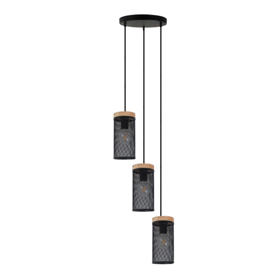 SALZBOURG - Lustre 3 lampes en métal noir et bois naturel