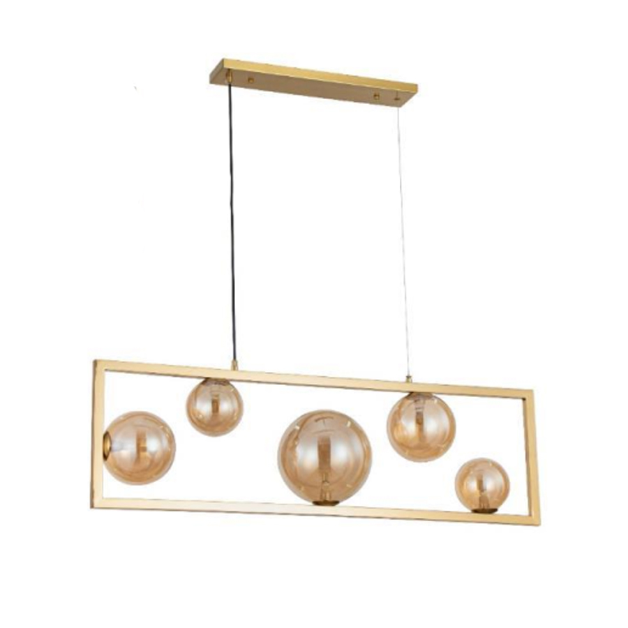 Lustre 5 lampes Nassau en métal doré et verre ambre