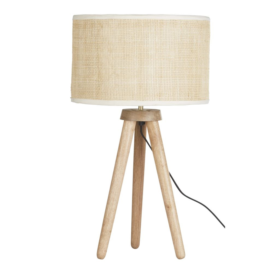 Lampe trépied Bacall en manguier et abat-jour en rotin tressé